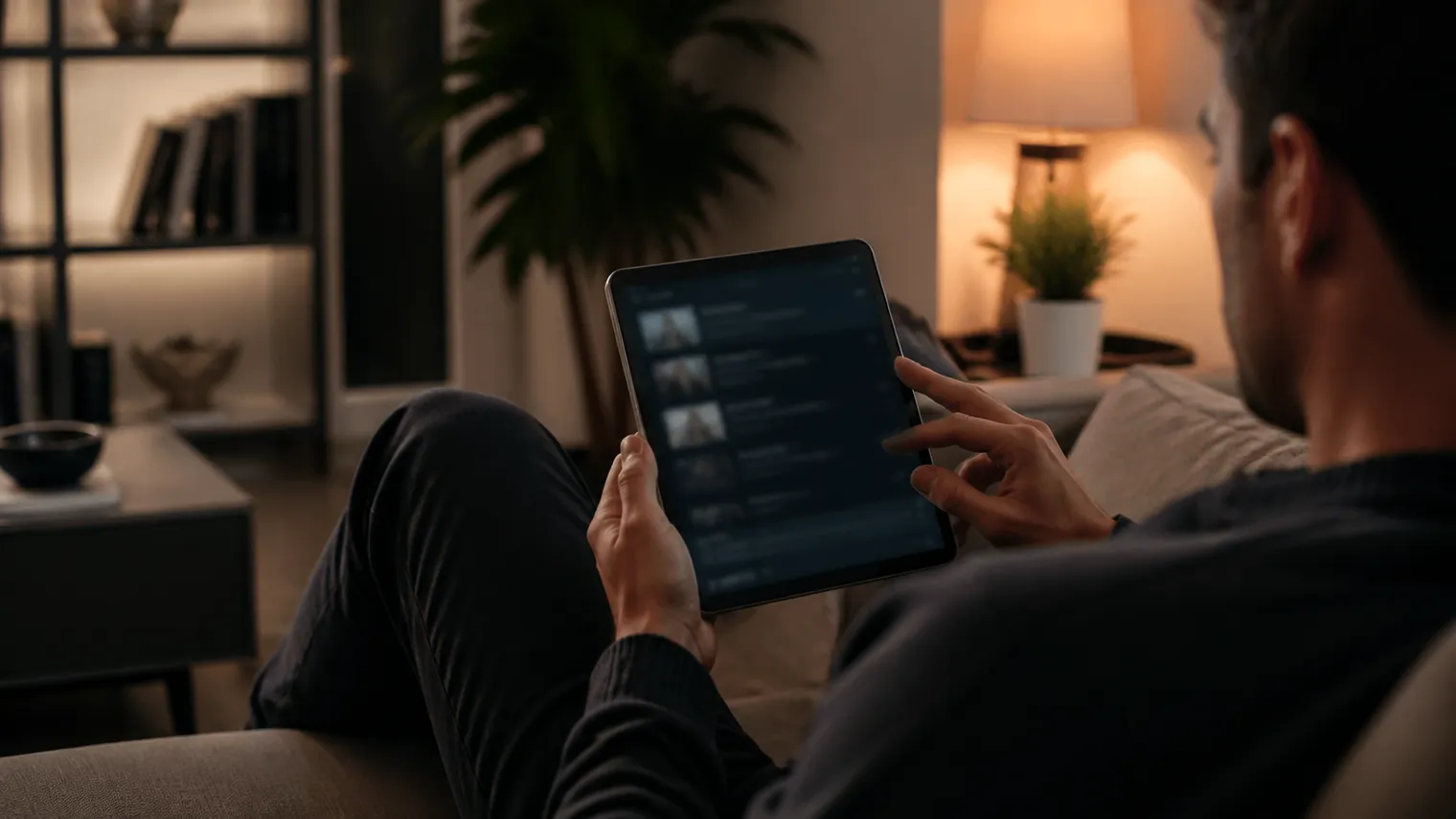 A user comfortably exploring curated onion websites on a tablet in a modern living room.