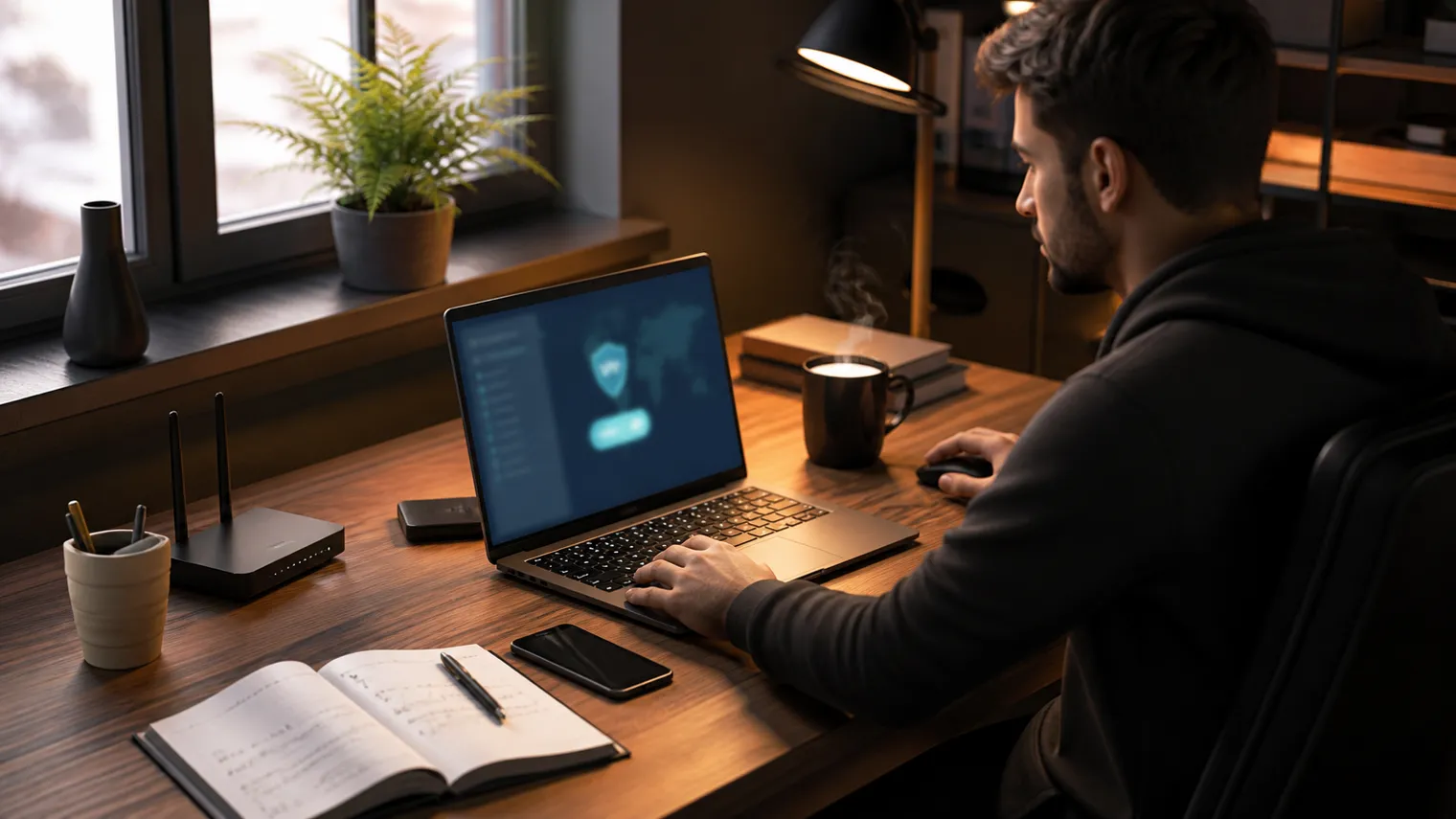A user is setting up a VPN on a laptop in a cozy home office.