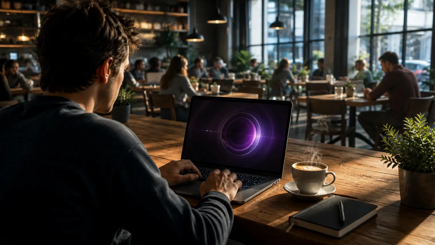 A user engaged in exploring dark web websites on a laptop in a café setting.