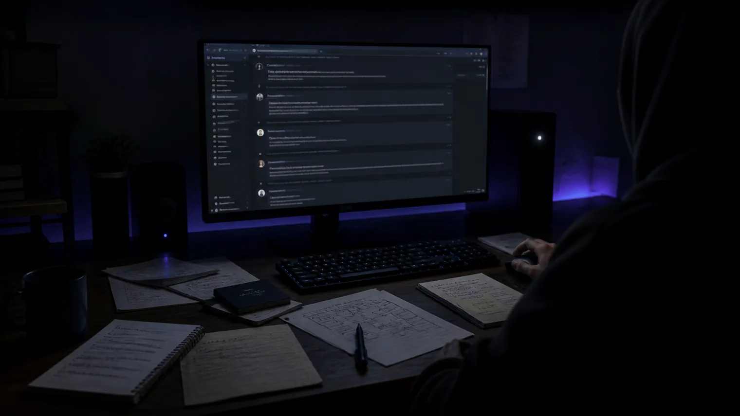 A user navigating dark web discussions on Reddit in a dimly lit room.