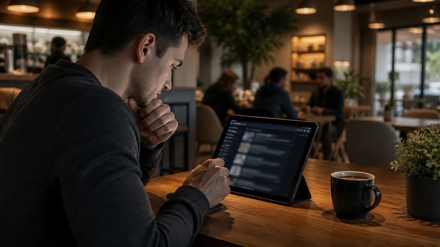 A person is focused on dark web search results displayed on a tablet in a café.