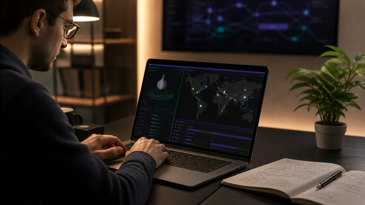 A person configuring a Tor network on a laptop in a cozy office setting.