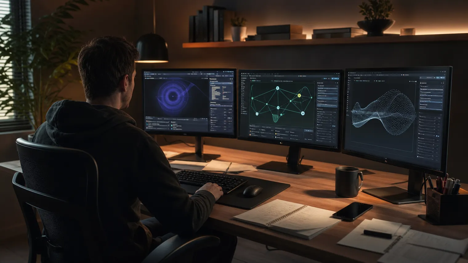 A user evaluates various deep web browsers on multiple computer monitors.