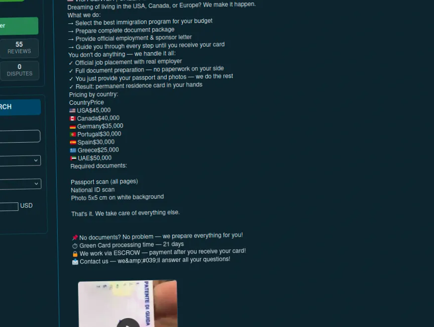 Website interface offering visa and green card services