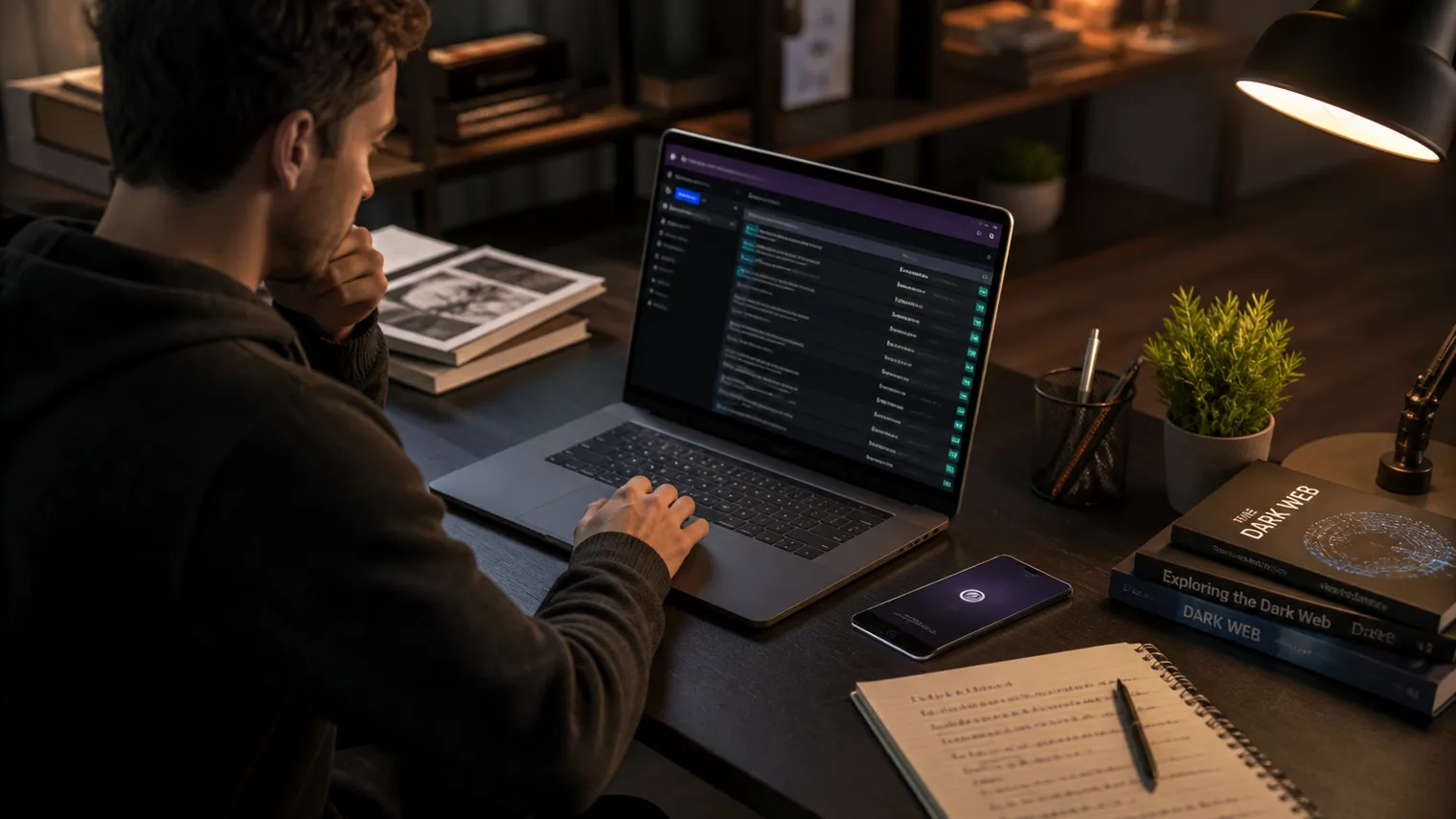 A user focused on deep web link directories at a modern desk.