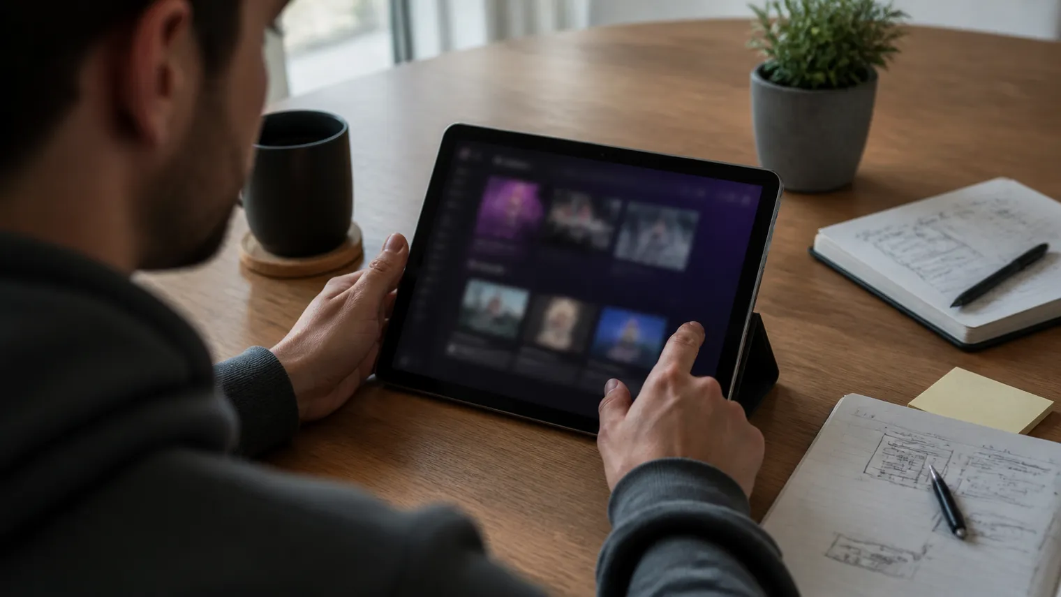 A user exploring a .onion website on a sleek tablet in a minimalist workspace.