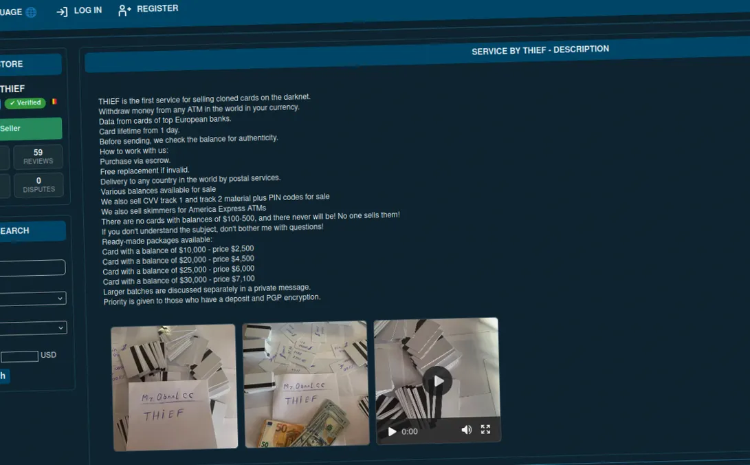 Darknet carding service website interface